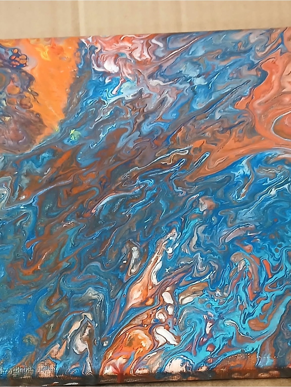 Abstract Blue, Green and Orange Fluid Art Canvas Painting
